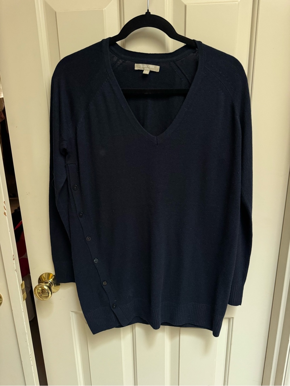 Joan Vass Navy V-Neck Button-Trim Sweater